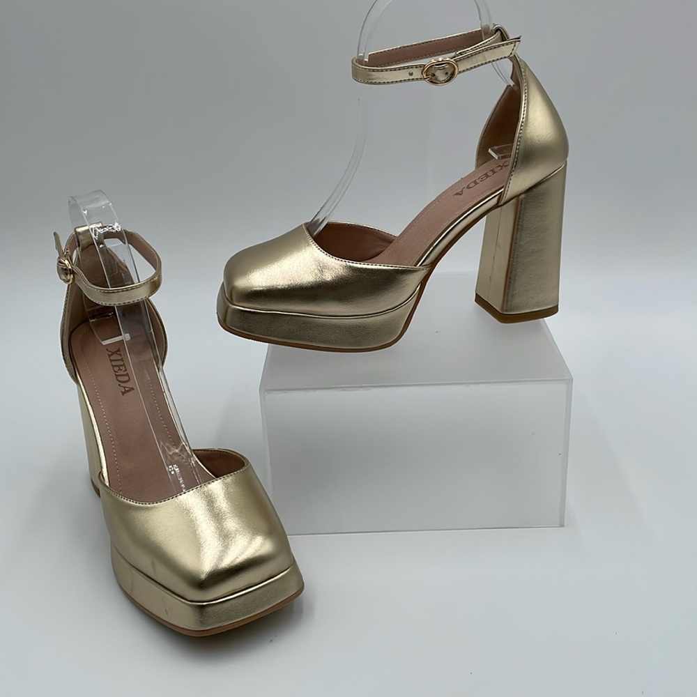 Xieda Gold Platform Heels Chunky Block 4" Heel Closed Square Toe Ankle Strap 6.5